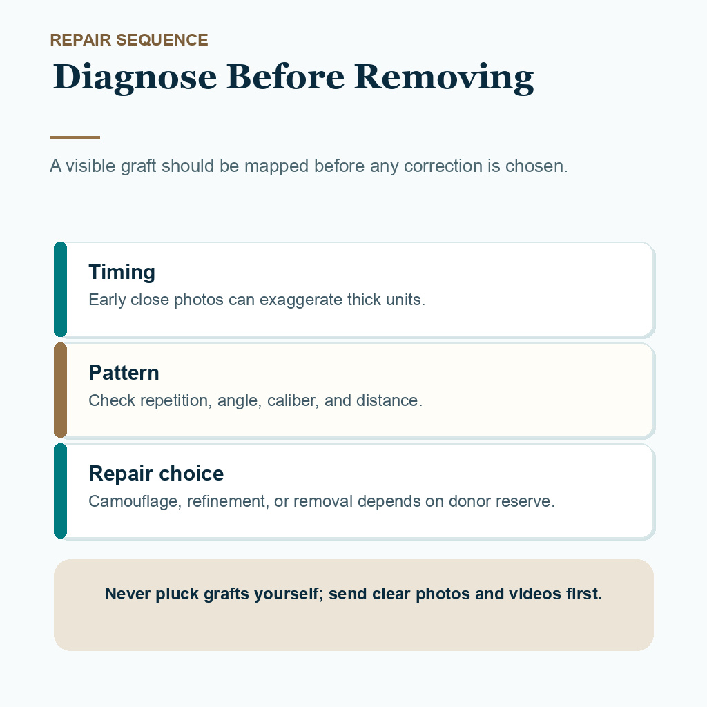 Information card explaining why visible multi-hair graft repair should start with diagnosis before removal