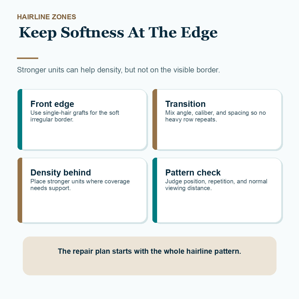 Information card explaining where single-hair grafts and stronger units belong in natural hairline planning