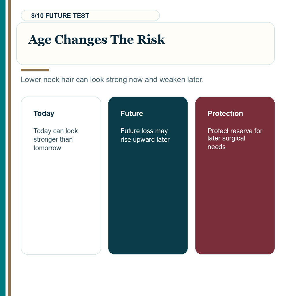 Nape hair hairline transplant planning, age changes the risk.