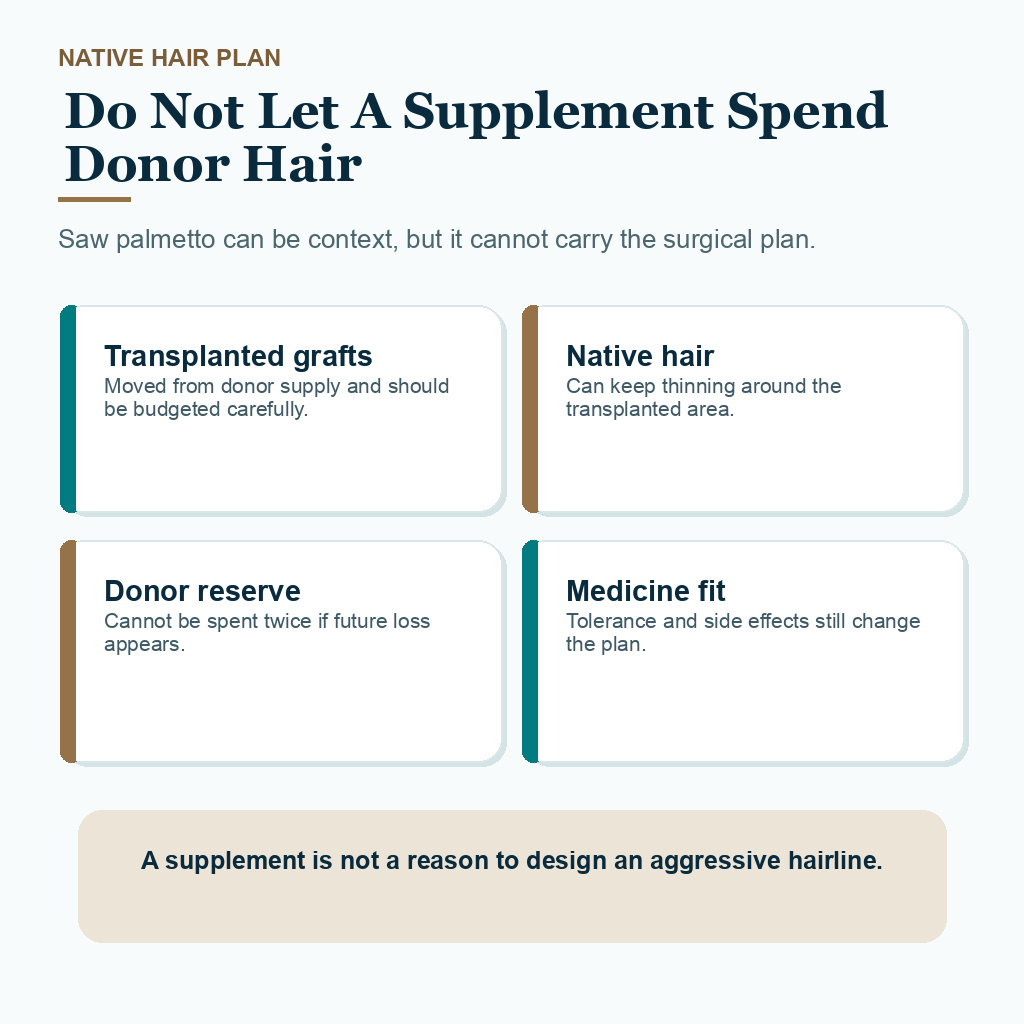 Support card explaining why saw palmetto cannot replace native hair planning, donor reserve management, and medication tolerance before FUE.