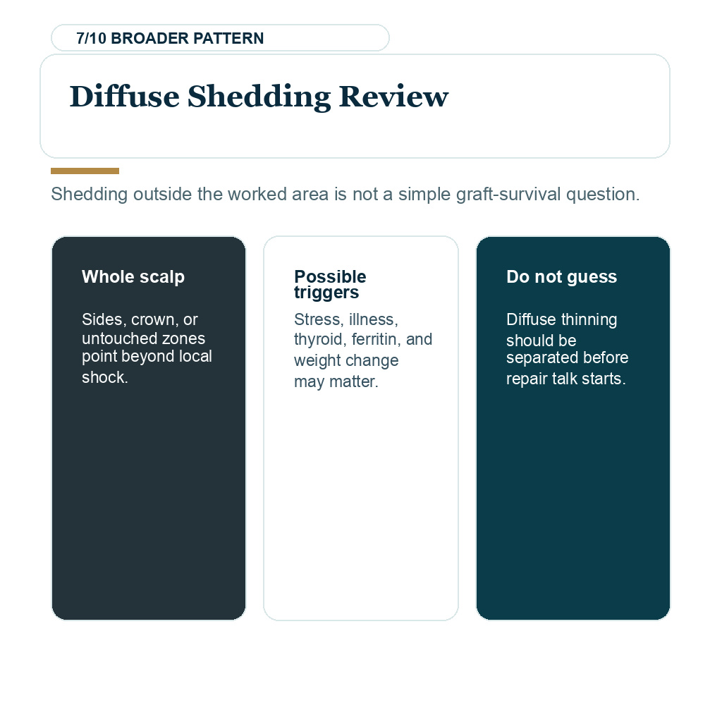 Native hair shock loss after FUE interpretation slide 7 about diffuse shedding review.