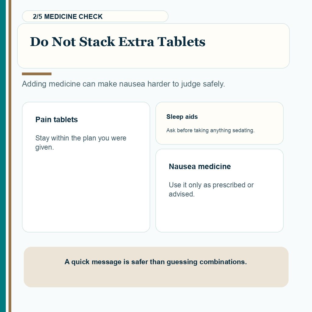 Nausea after FUE carousel slide 2 about avoiding extra tablet stacking.
