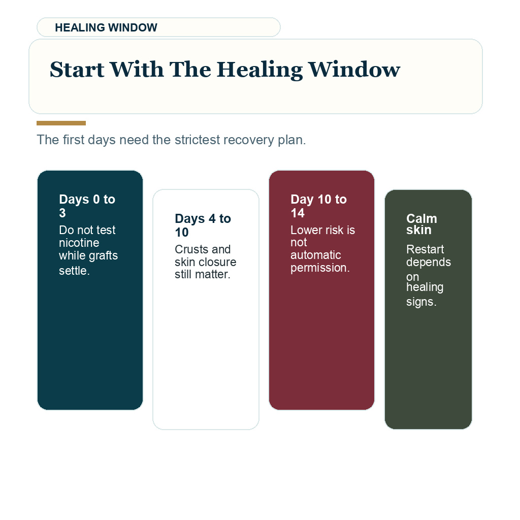 Support card explaining why early nicotine timing matters while grafts and donor skin settle