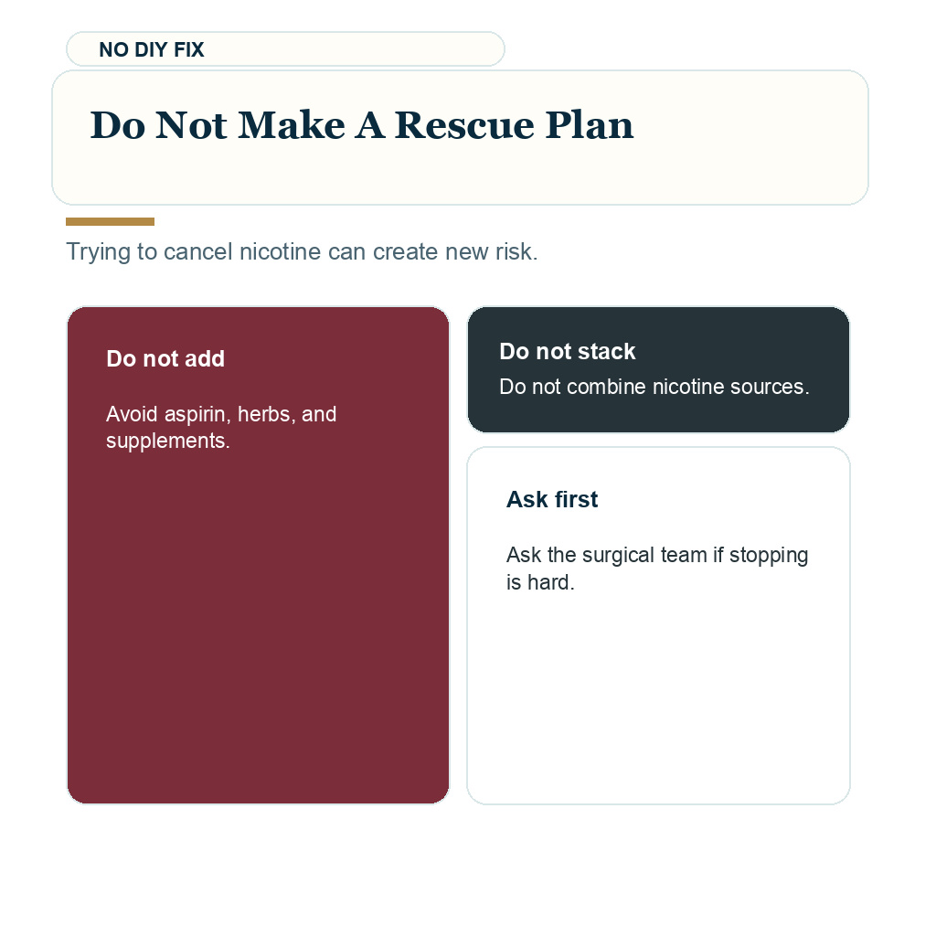 Support card explaining why rescue medicines should not be added after nicotine pouch use without clinic advice