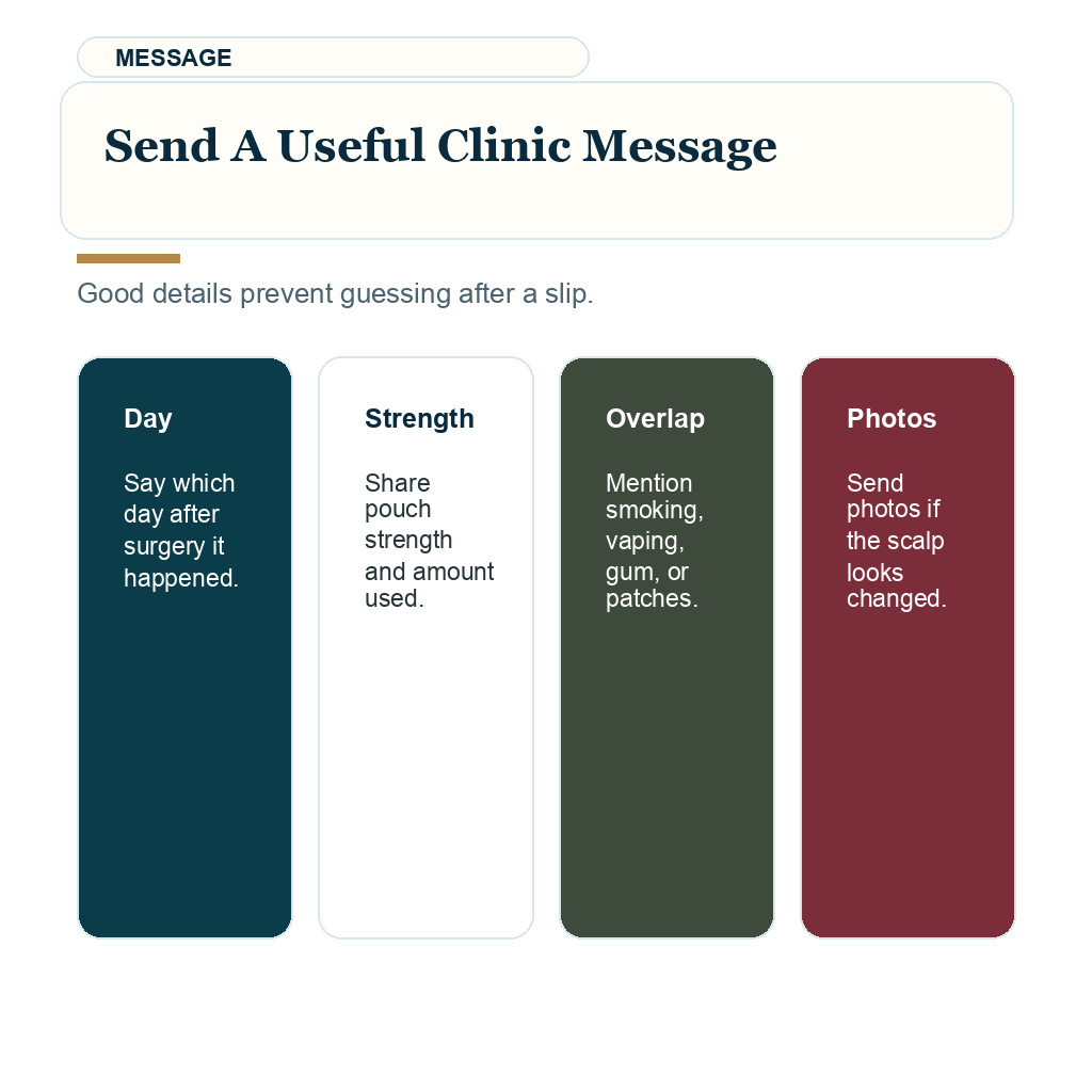 Support card explaining what to tell the clinic after nicotine pouch use