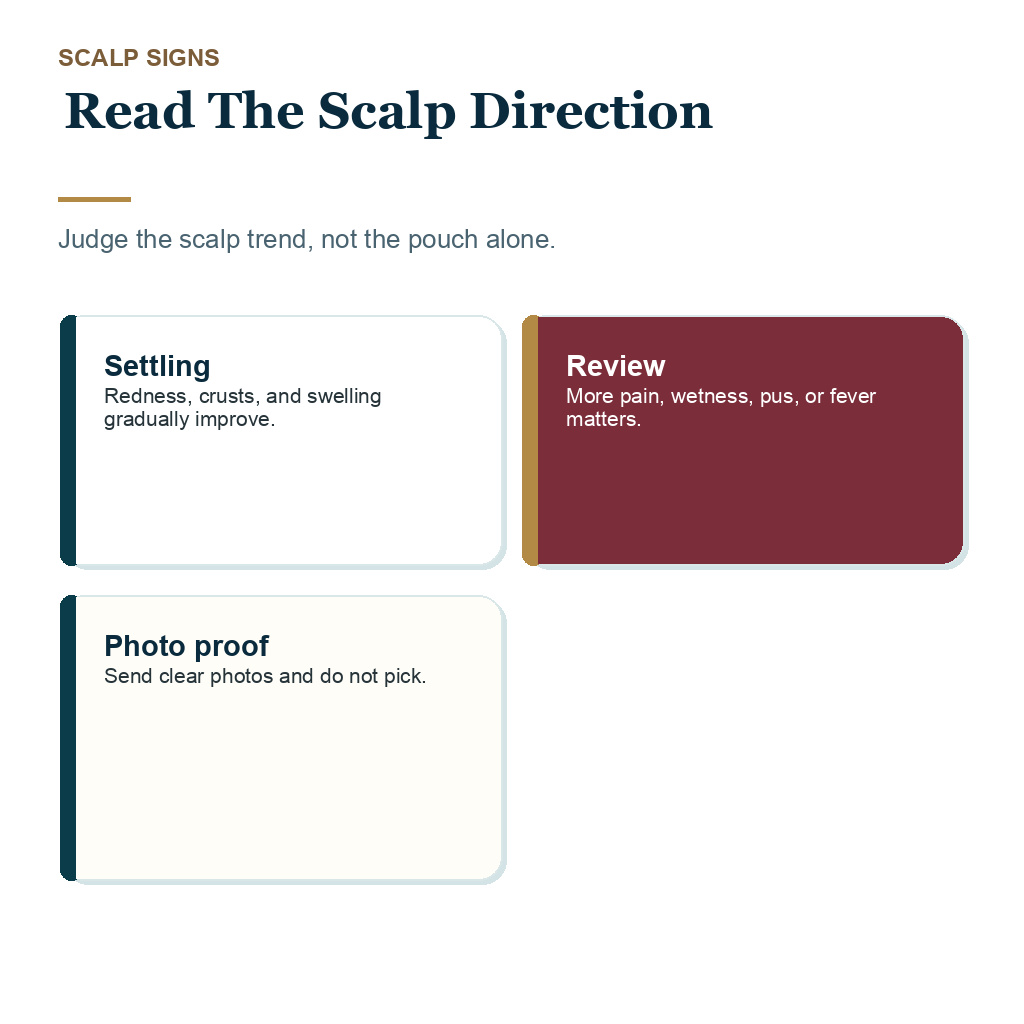 Support card explaining which scalp signs matter after nicotine pouch use