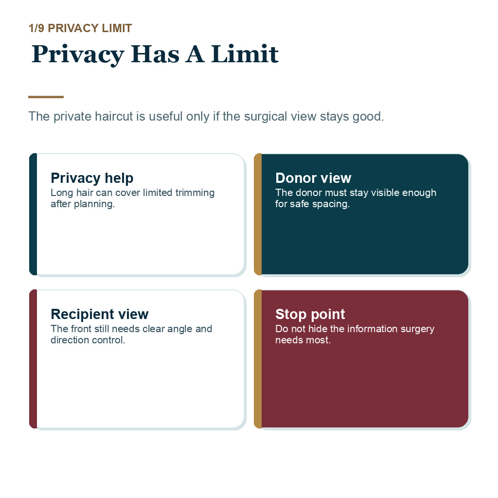 No shave hair transplant, that privacy must not reduce surgical visibility.