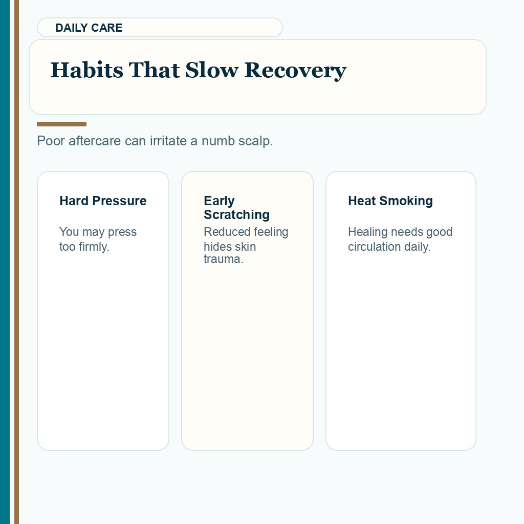 Scalp Numbness and Tingling Recovery Timeline slide 3 showing habits that slow recovery