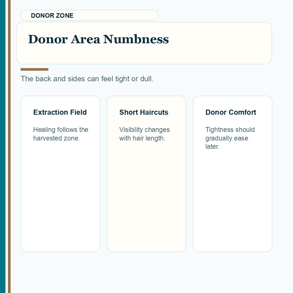 Scalp Numbness and Tingling Recovery Timeline slide 7 showing donor area numbness