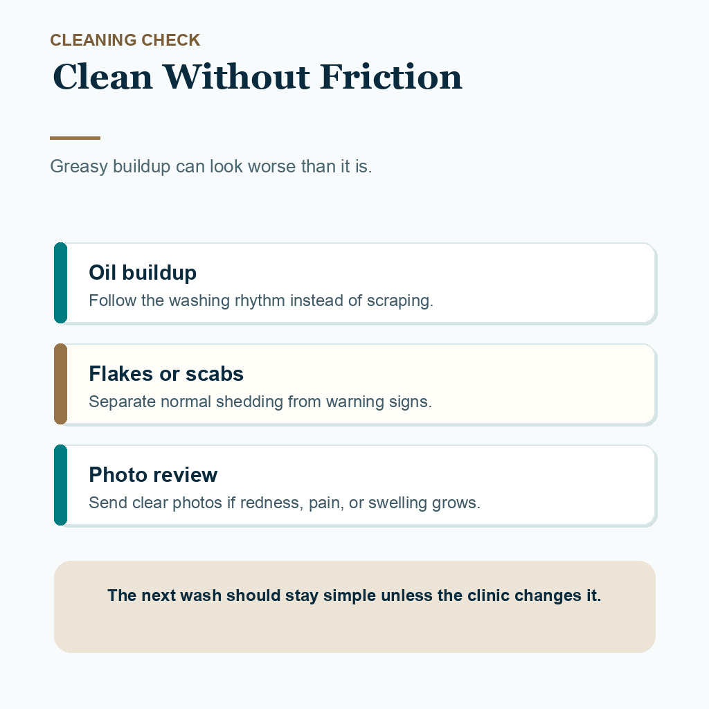 Diamond Hair Clinic support card showing gentle cleaning checks for oily scalp after FUE