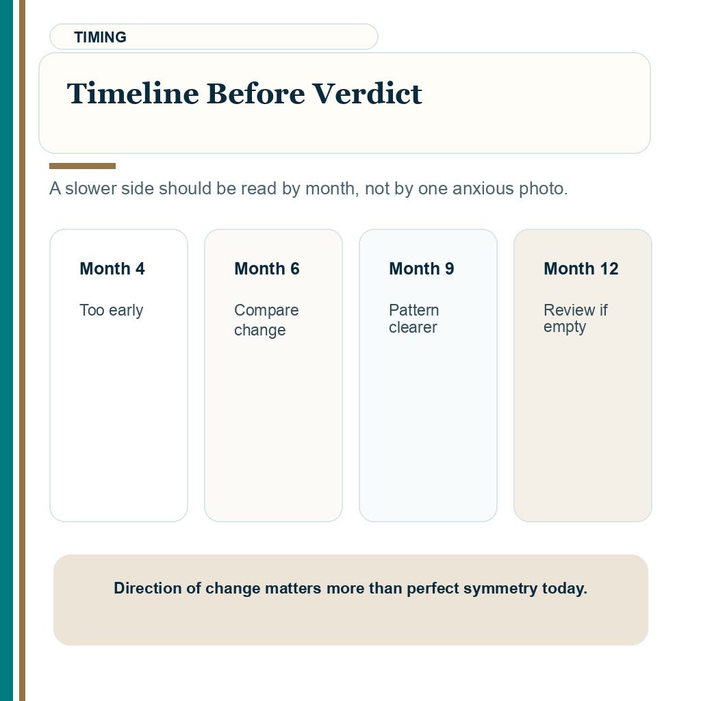 Slide 1 of 8 explaining why timing comes before judging one side growing slower after hair transplant.