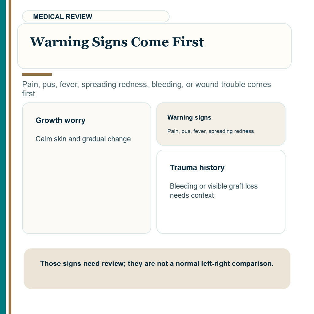 Slide 3 of 8 explaining warning signs that change uneven growth review after hair transplant.