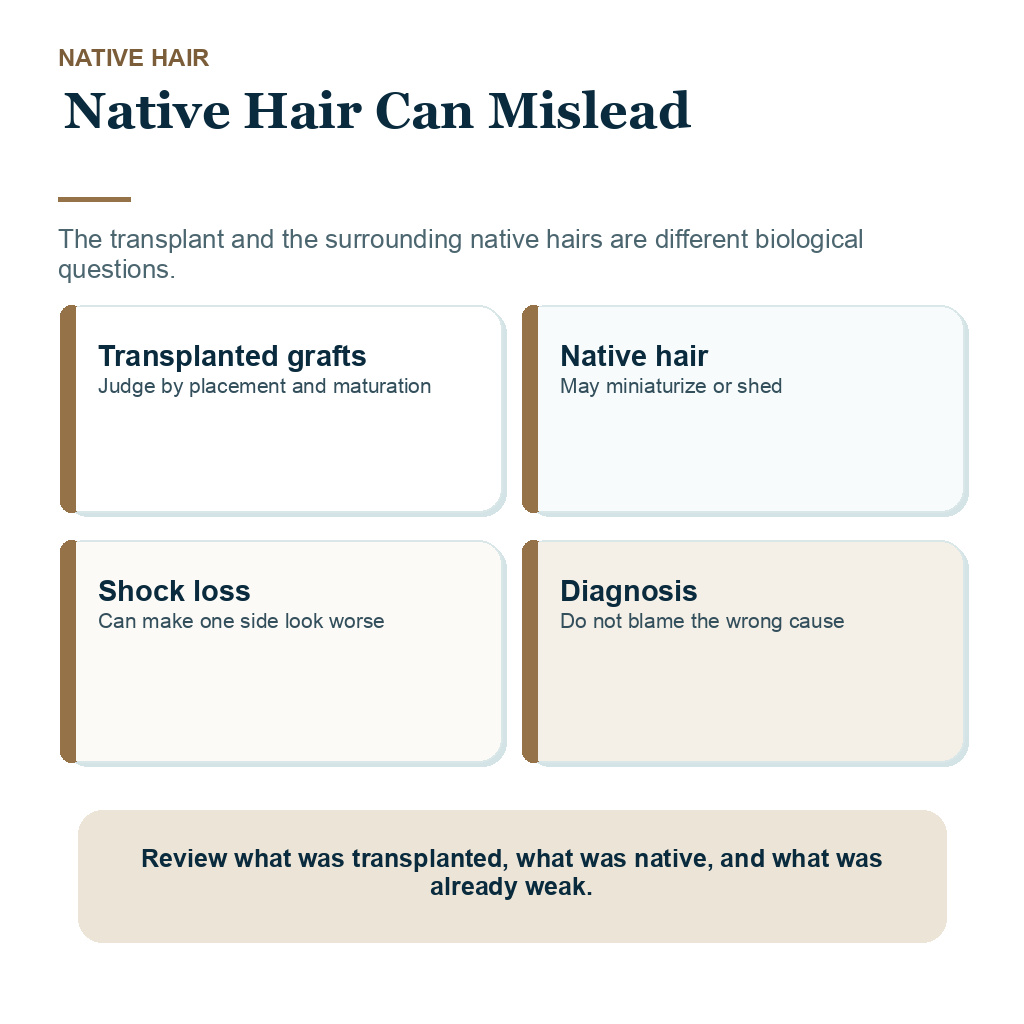 Slide 5 of 8 explaining native hair and shock loss when one side looks weaker after hair transplant.