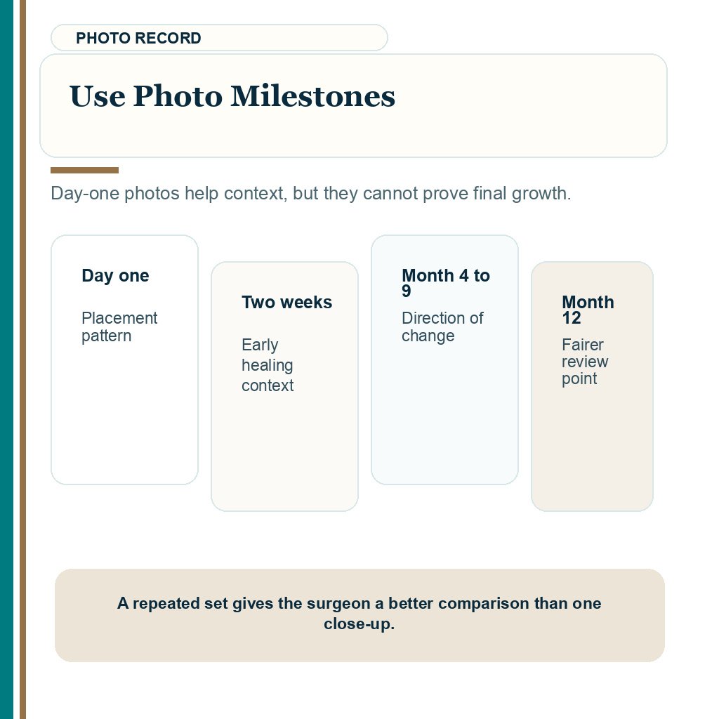 Slide 7 of 8 explaining useful photo milestones for reviewing one side growing slower after hair transplant.