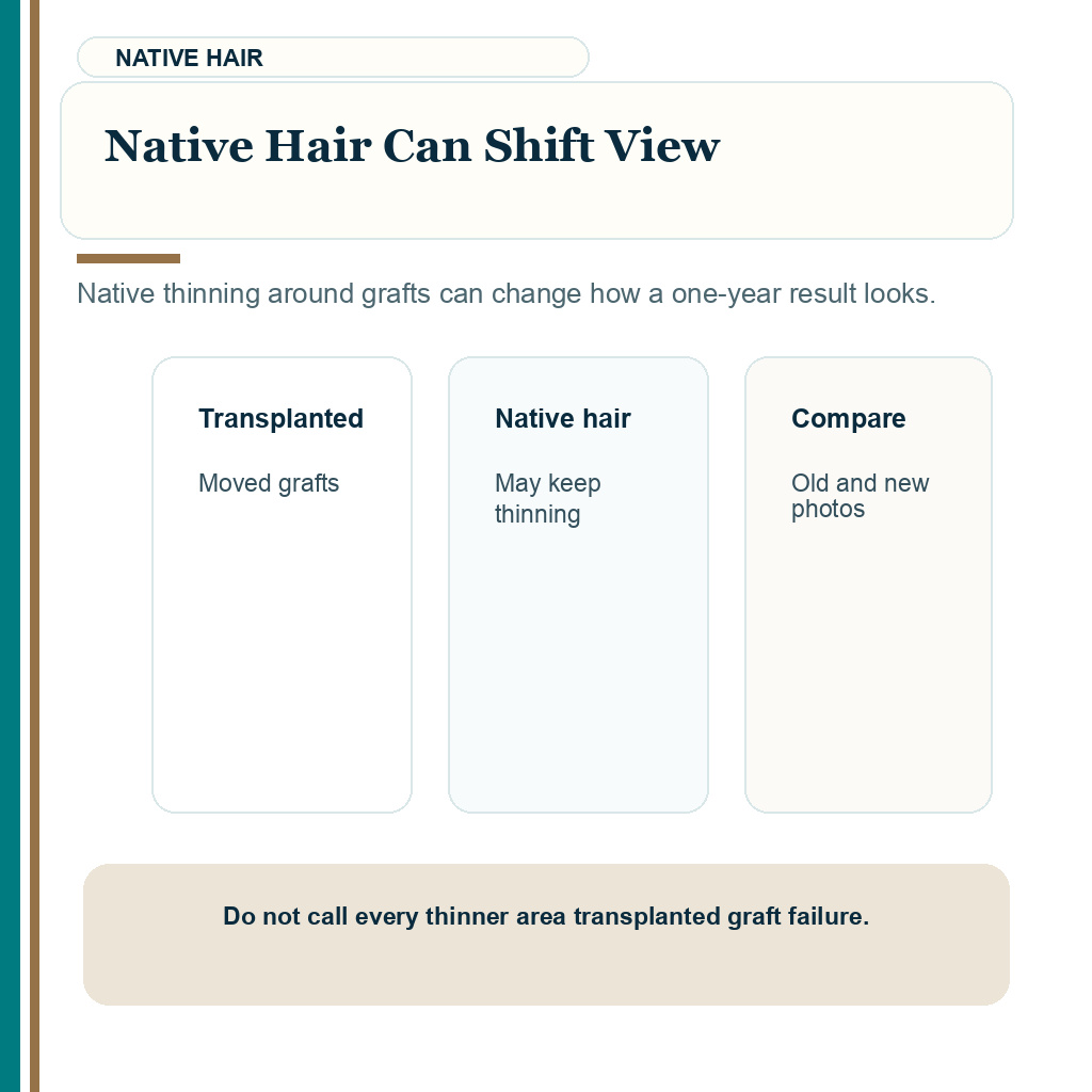 Native hair can shift view in one year FUE result review.
