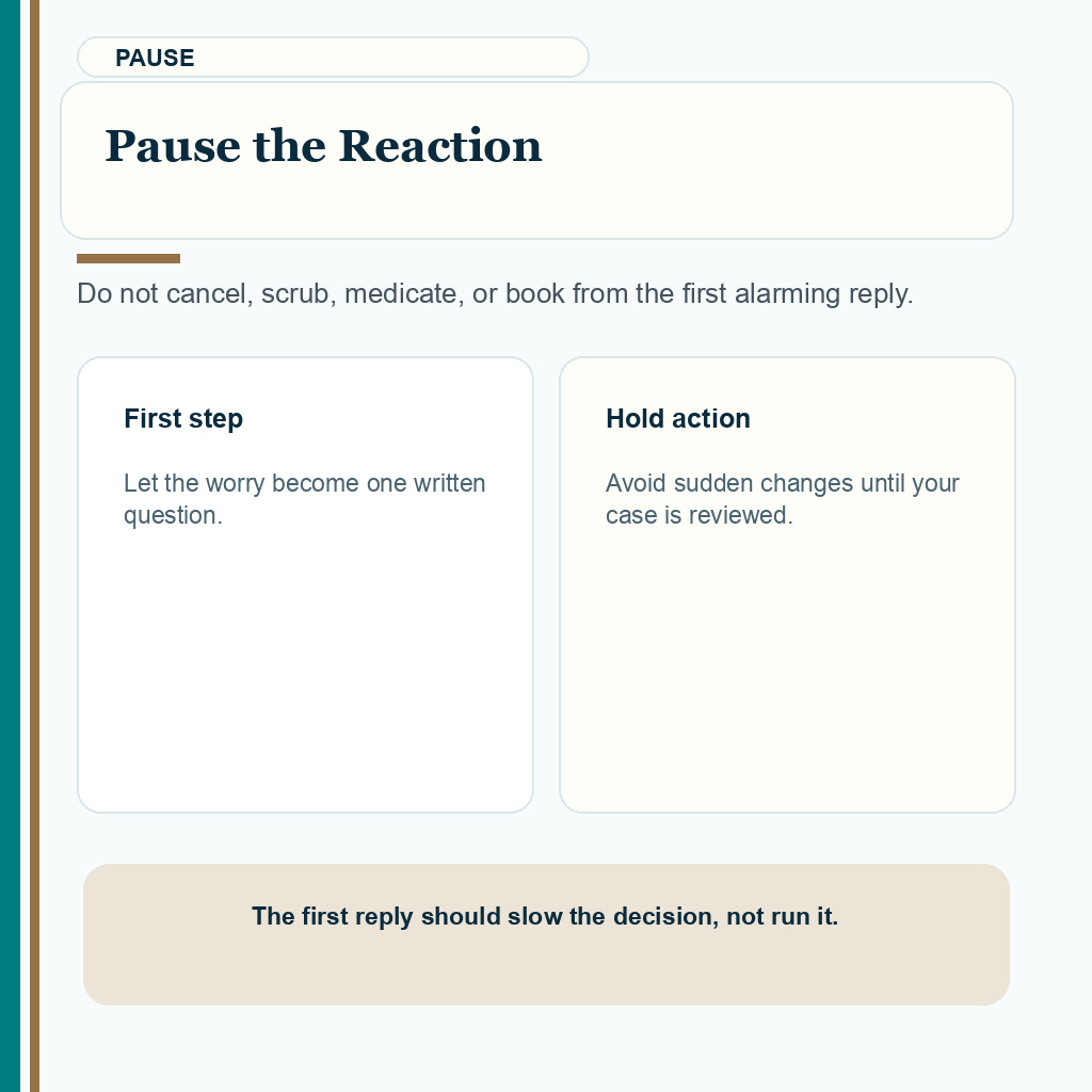 Carousel slide showing how to pause after alarming online hair transplant feedback.