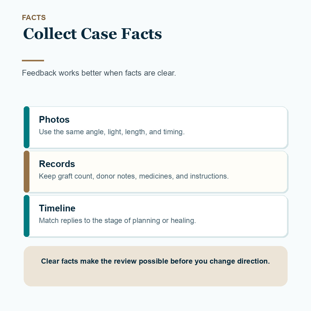 Carousel slide showing photos, records, and timeline facts for feedback review.