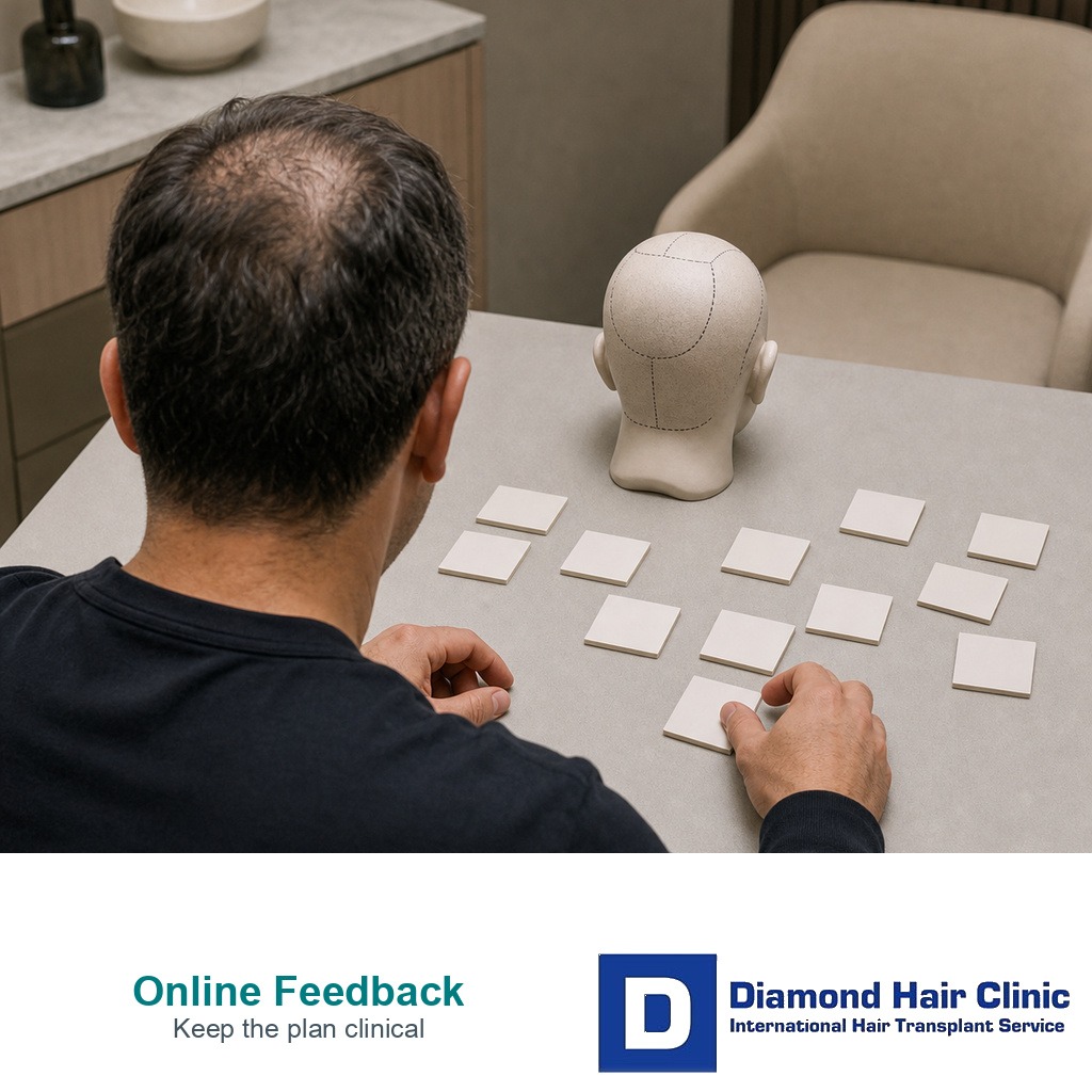 Patient reviewing blank hair transplant planning evidence tiles instead of online feedback.
