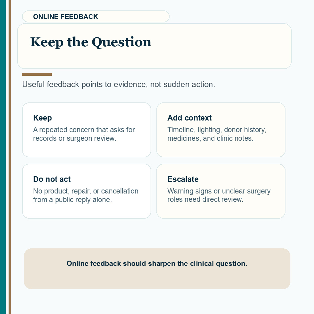 Support card showing how to turn online feedback into safer hair transplant questions.