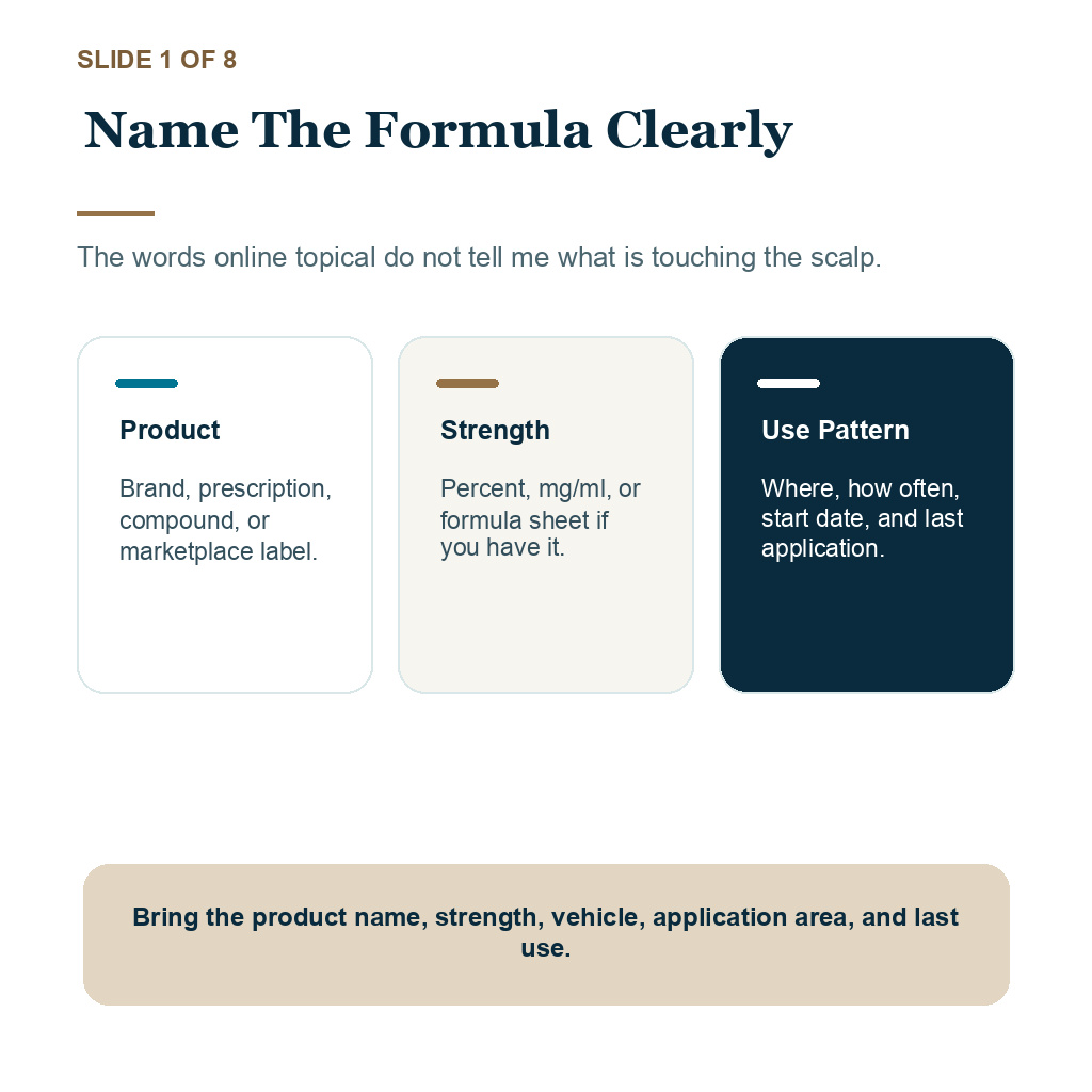 Slide 1 of 8 explaining name the formula clearly before FUE when online hair loss topicals are part of the history.