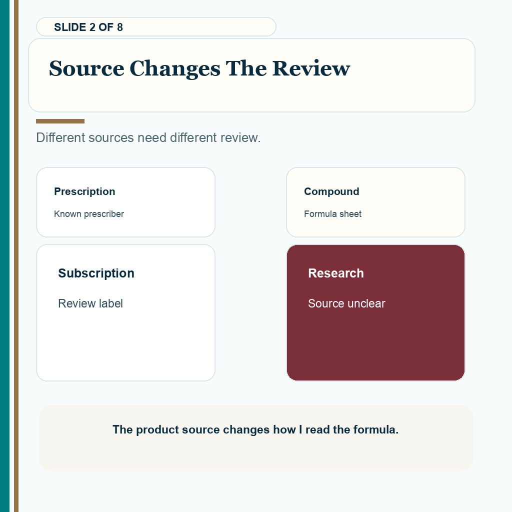 Slide 2 of 8 explaining source changes the review before FUE when online hair loss topicals are part of the history.