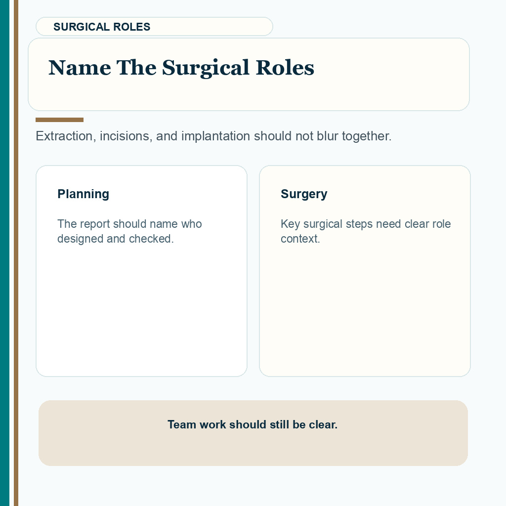 Carousel slide explaining why operation reports should name surgical roles
