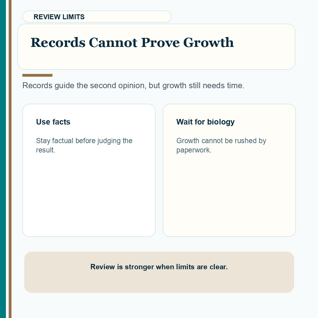 Carousel slide explaining that records guide review but cannot prove final growth immediately
