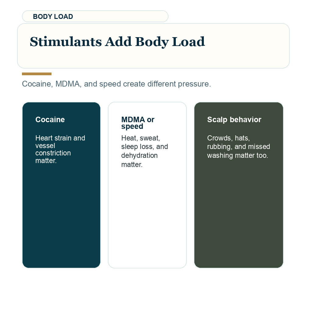 Stimulants can affect heart rate, heat, sleep, and hydration after FUE