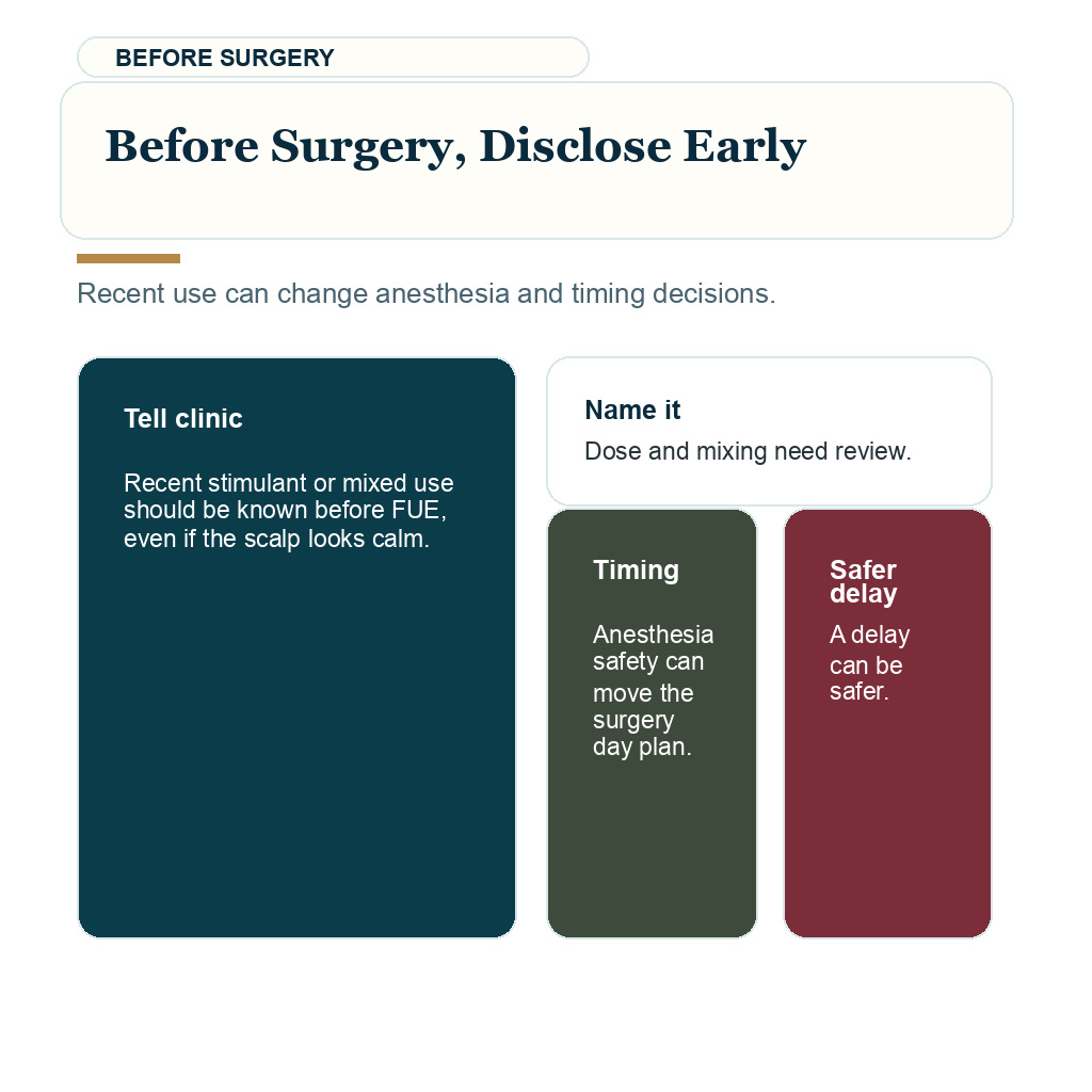 Recent party drug use disclosed before FUE surgery planning