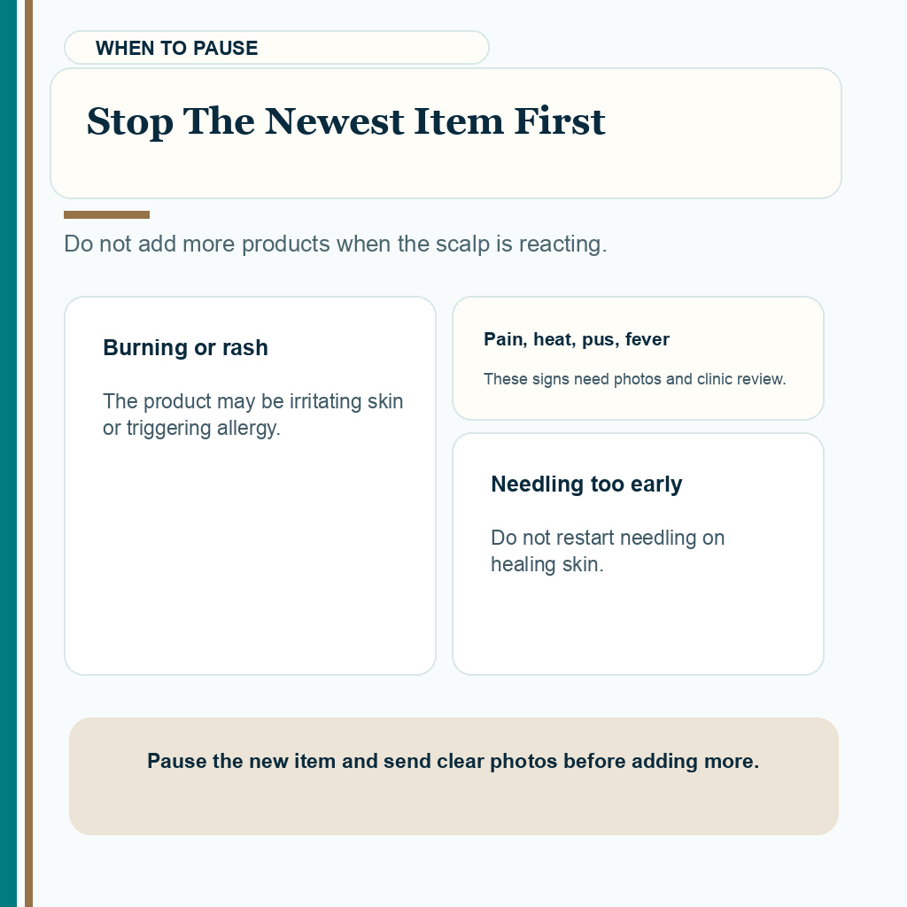 Information card explaining when to pause the newest product and ask the clinic after FUE