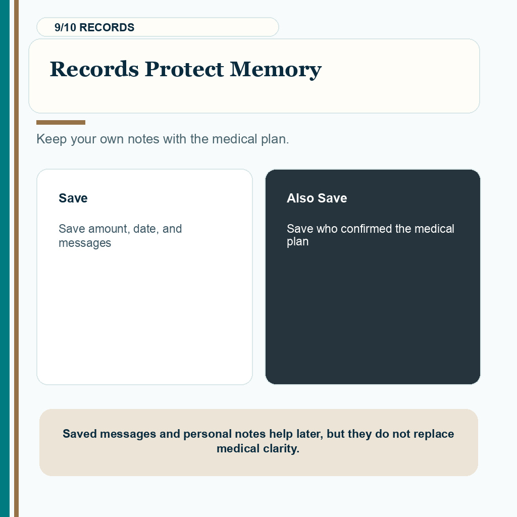 Payment safety carousel slide 9 explaining saved payment notes and medical plan memory