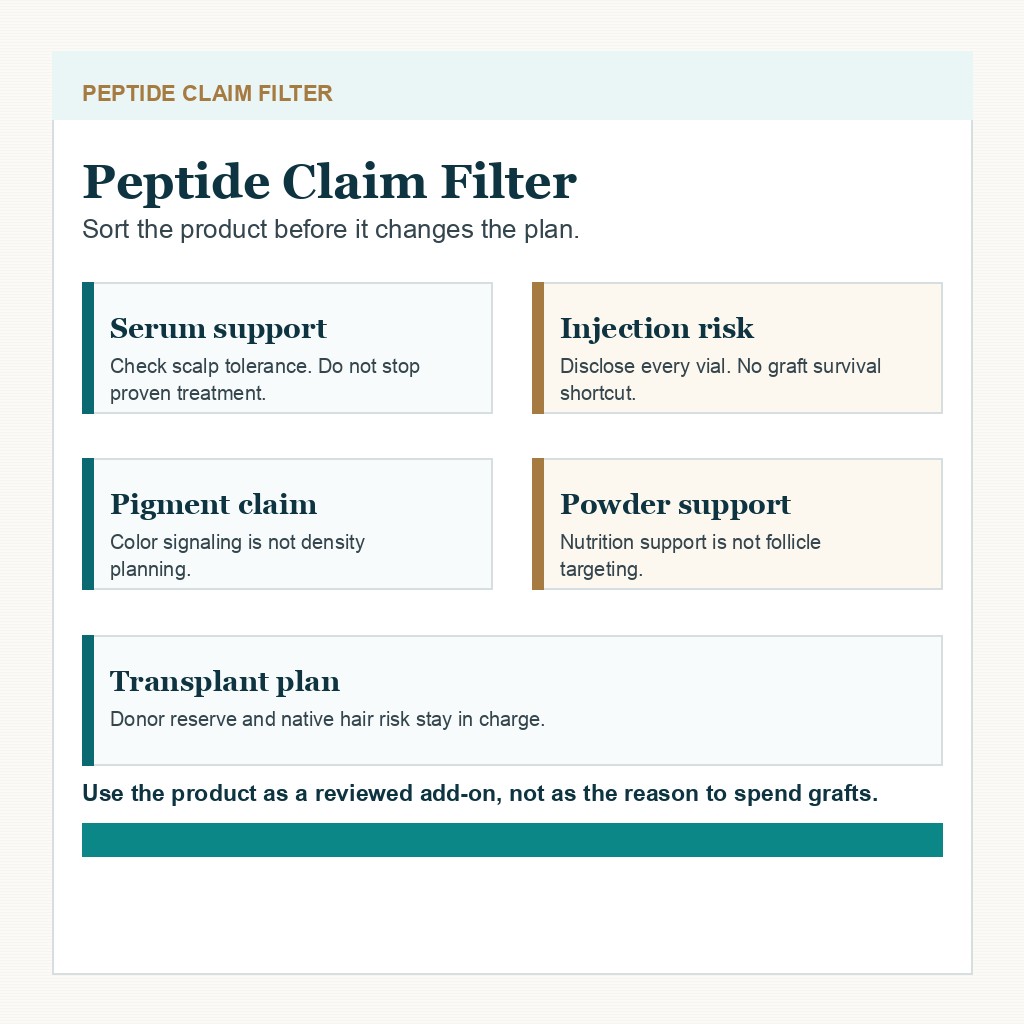 Peptide claim filter separating serum support, injection risk, pigment claims, and transplant planning