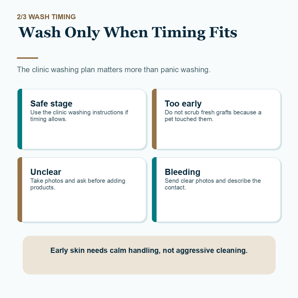 Pets contact carousel slide 2 explaining when washing instructions may or may not fit after pet contact near grafts.