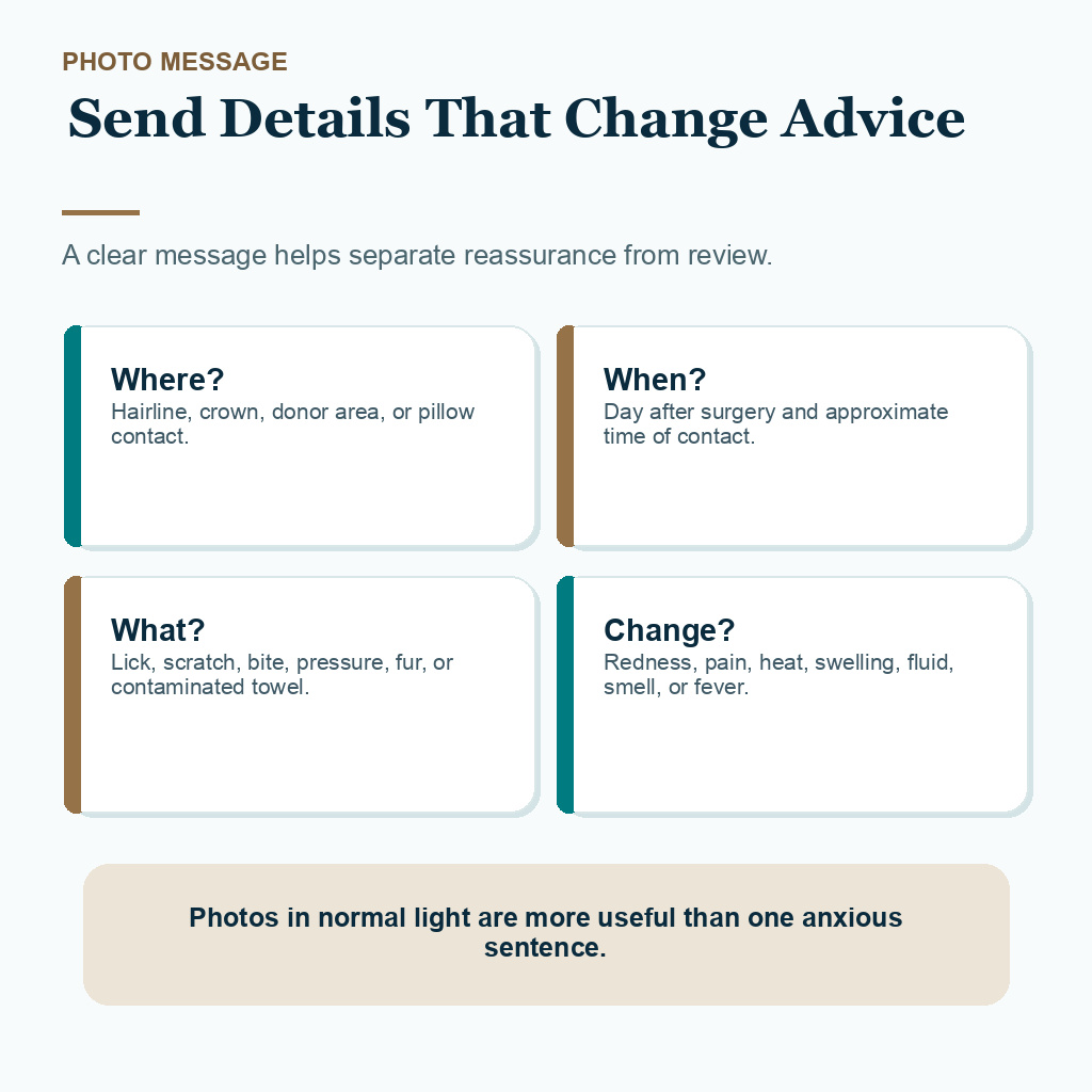 Support card showing what to send after pet contact near grafts or donor area, including location, timing, contact type, and skin change.