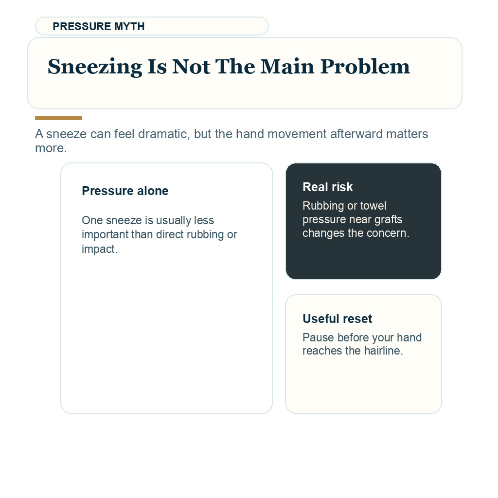 Pollen season FUE recovery support visual about sneezing is not the main problem