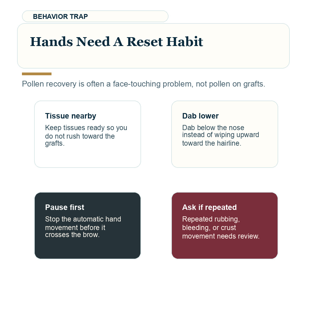 Pollen season FUE recovery support visual about hands need a reset habit