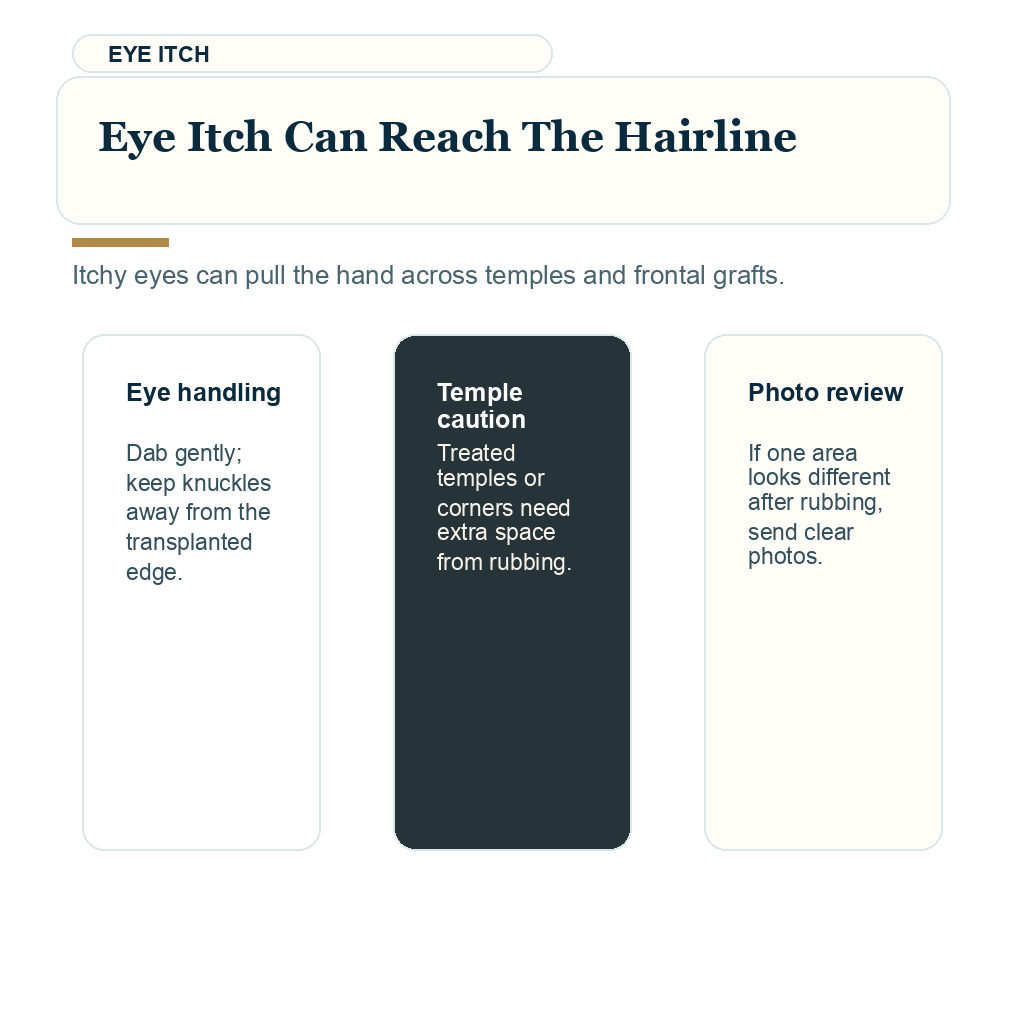 Pollen season FUE recovery support visual about eye itch can reach the hairline