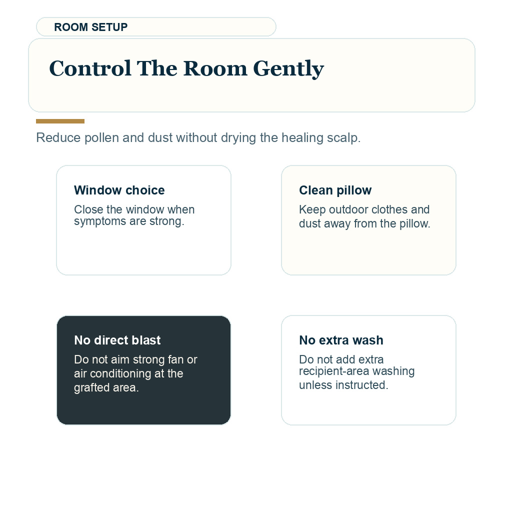 Pollen season FUE recovery support visual about control the room gently