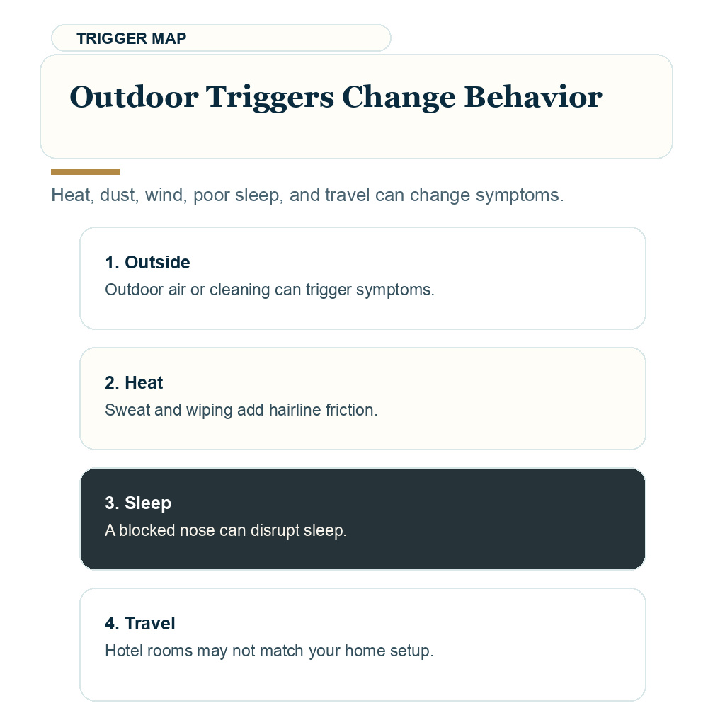 Pollen season FUE recovery support visual about outdoor triggers change behavior