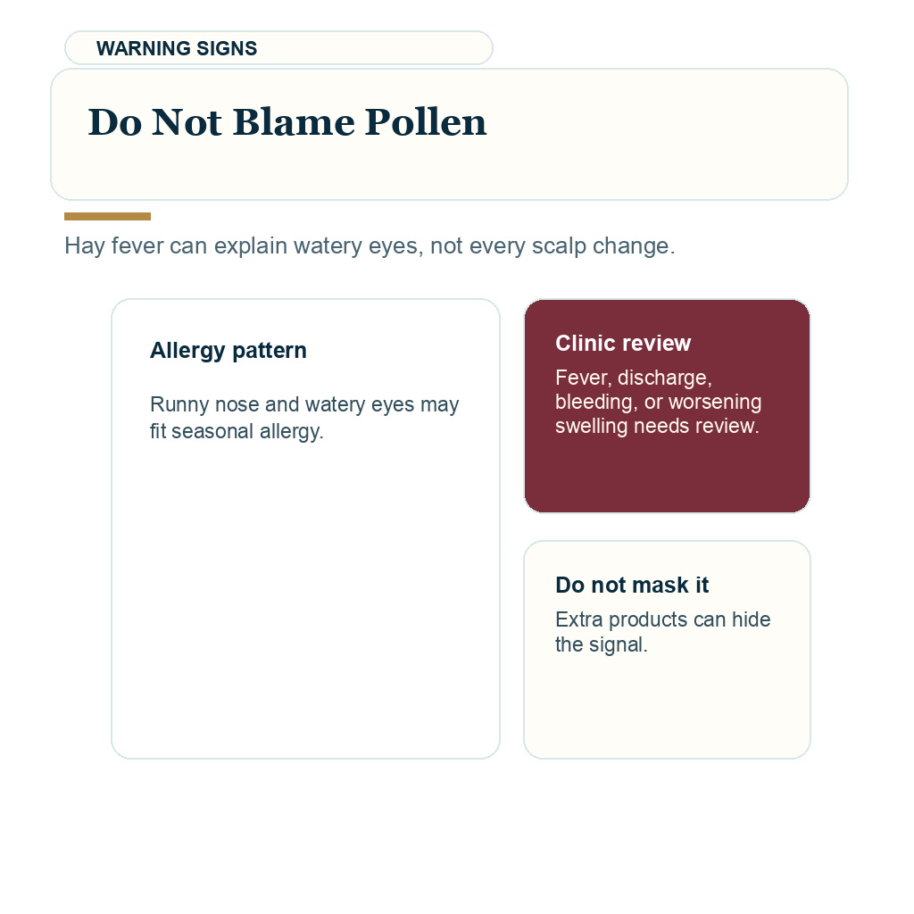 Pollen season FUE recovery support visual about warning signs that should not be blamed on pollen