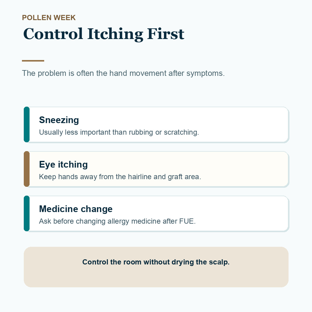 Diamond Hair Clinic support card showing pollen season checks during early FUE recovery