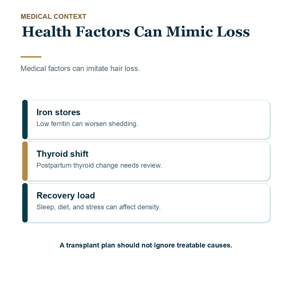 Postpartum hair loss hair transplant carousel slide 4 of 10 explaining health factors can mimic loss