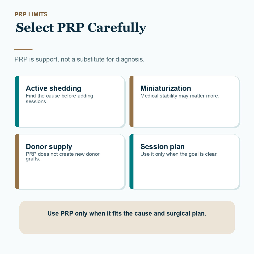 Support card explaining where PRP can and cannot help in hair restoration planning.