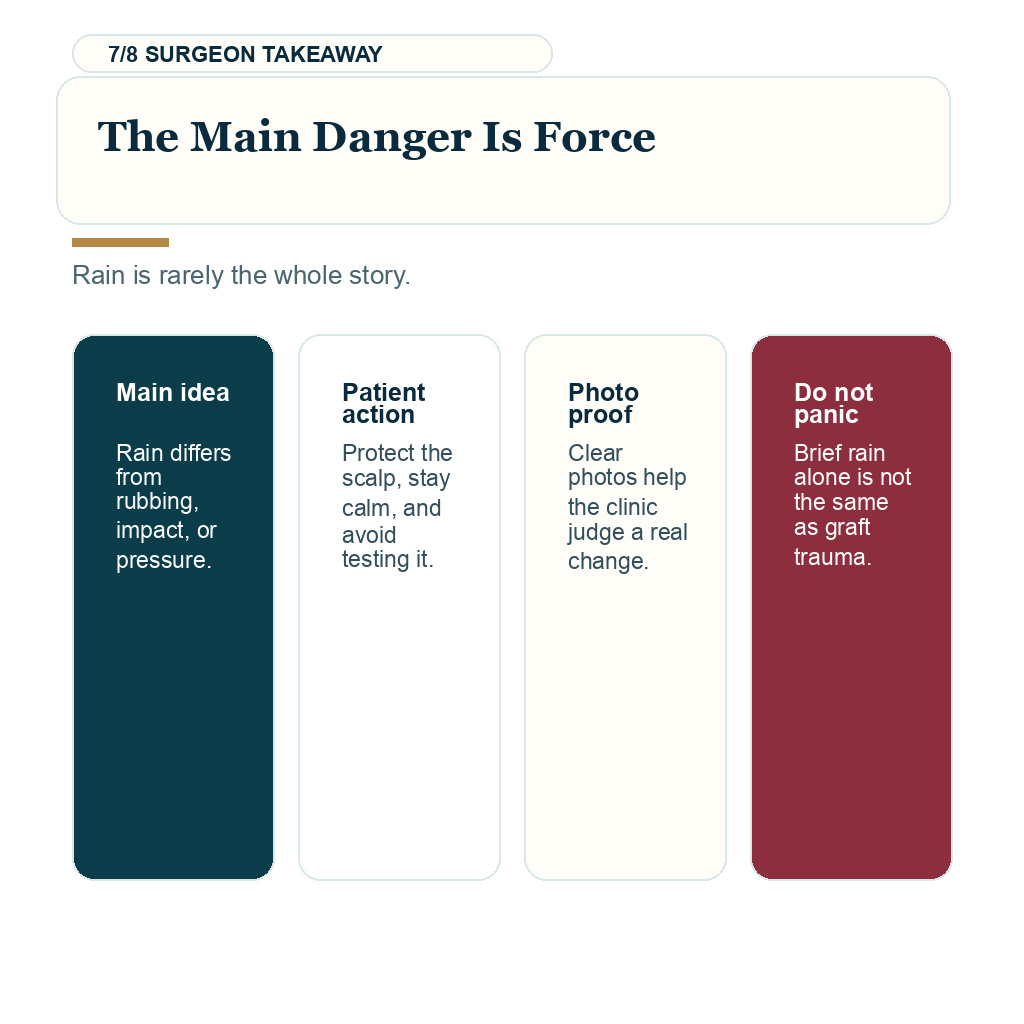 Rain after hair transplant, the main danger is force.