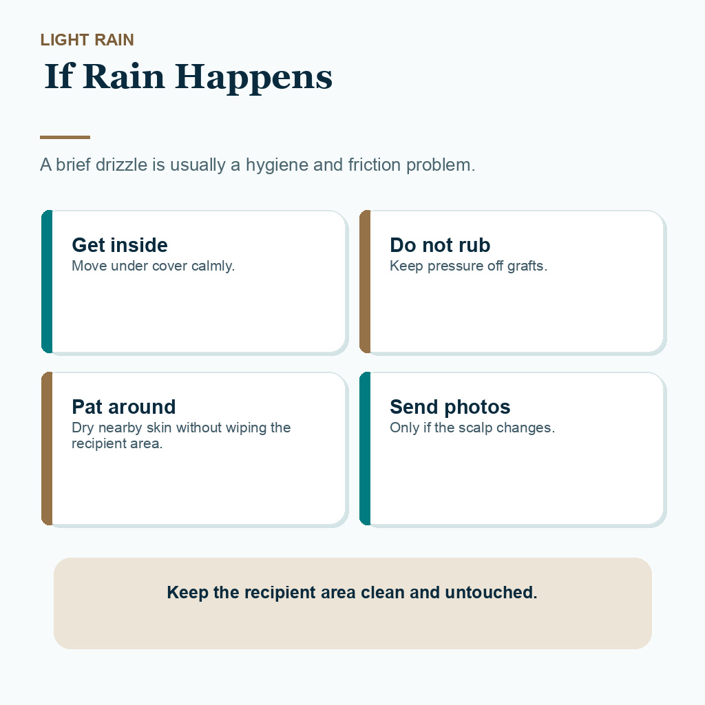 Support card explaining what to do after light rain during hair transplant recovery.