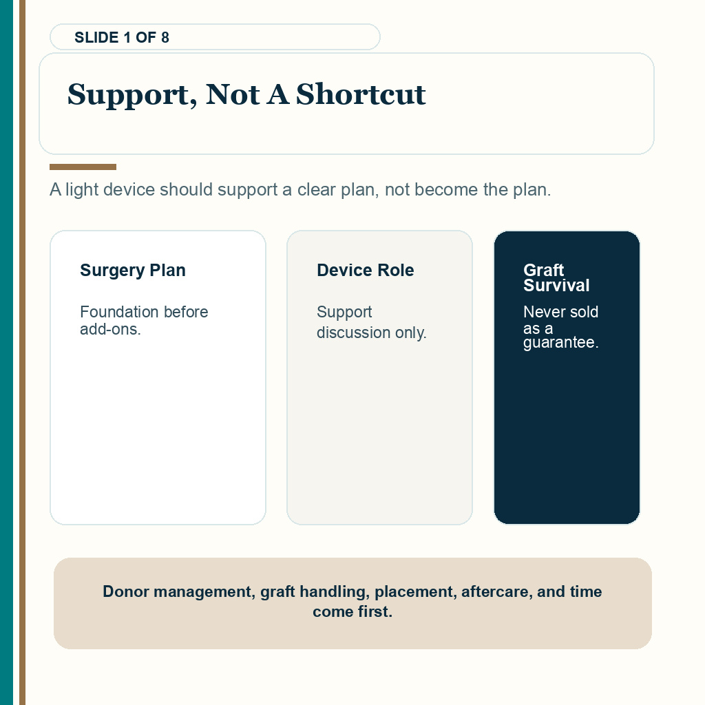 Support, not a shortcut when red light devices are considered after a hair transplant.