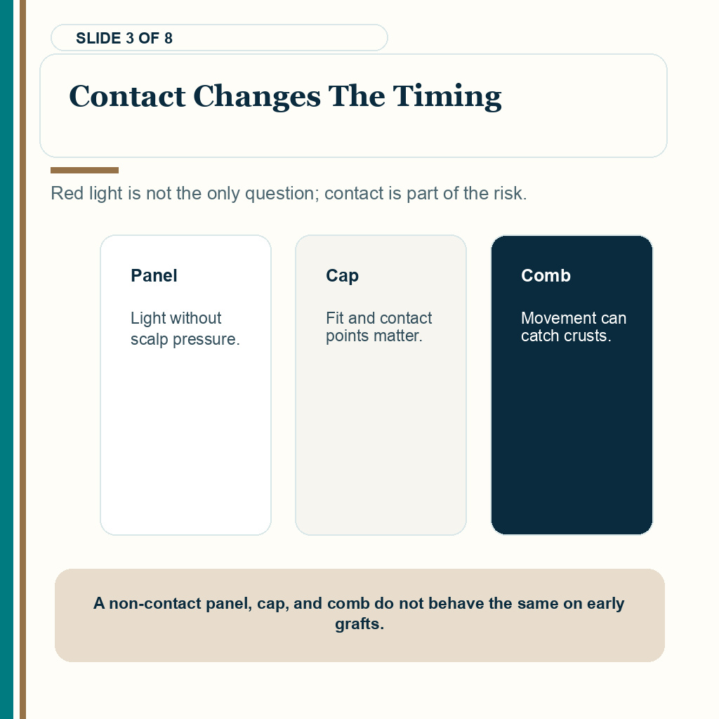 Contact changes the timing when red light devices are considered after a hair transplant.