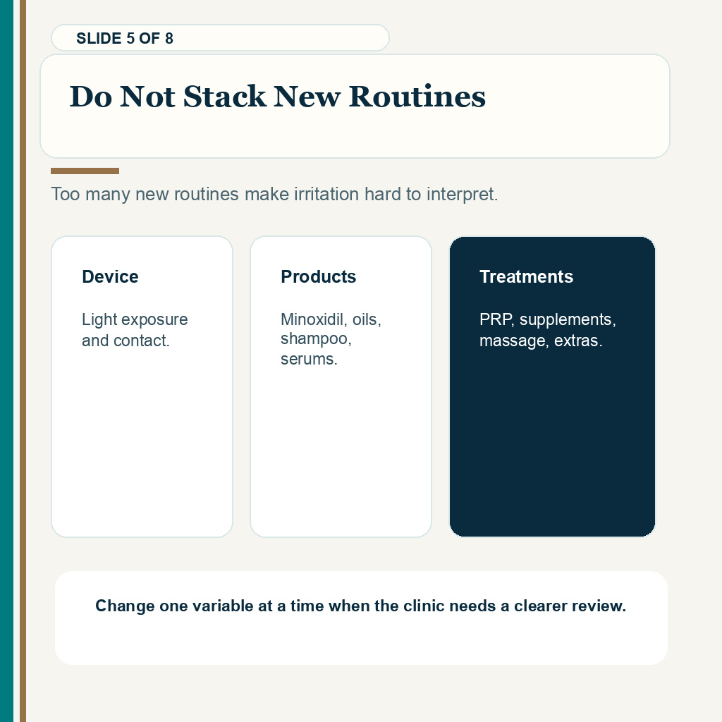 Do not stack new routines when red light devices are considered after a hair transplant.