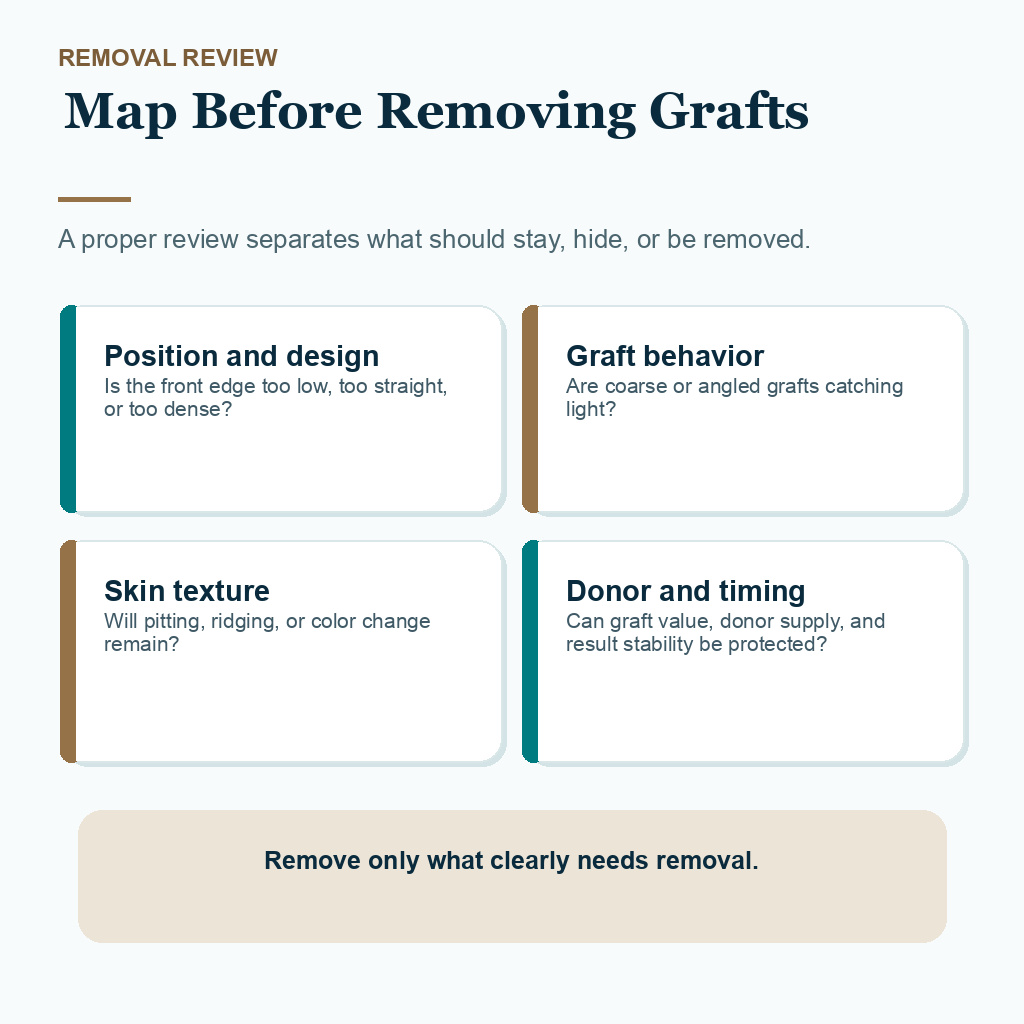 Information card explaining what to map before removing bad transplanted hairline grafts