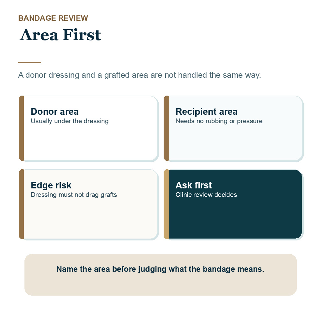 Slide 1 of 10 showing area first guidance for bandage handling after hair transplant.